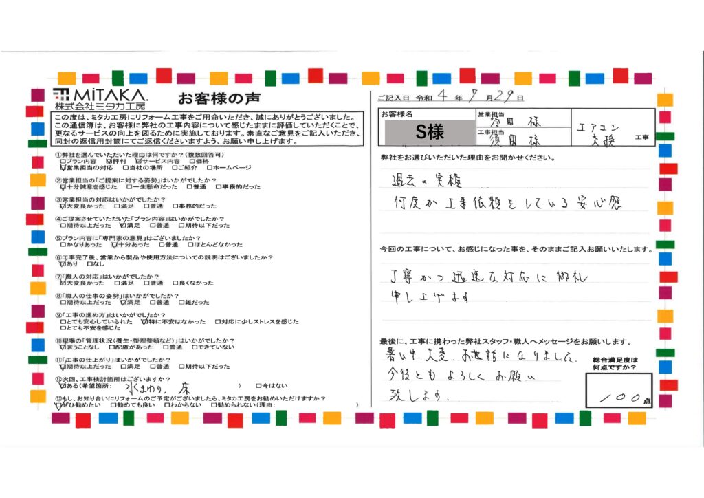 丁寧かつ迅速な対応に御礼申し上げます。